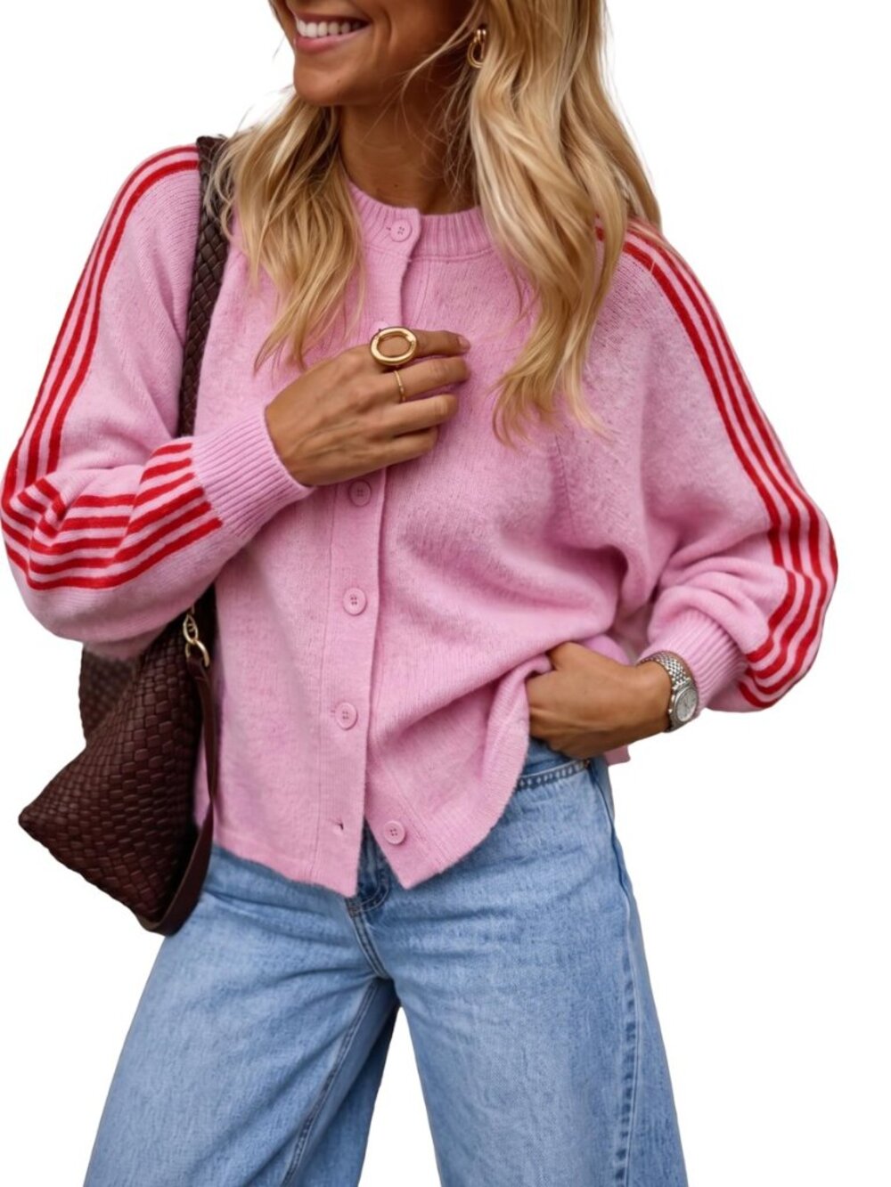 Women Striped Cardigan Oversized Button Up Raglan Sleeve Knit Tops
